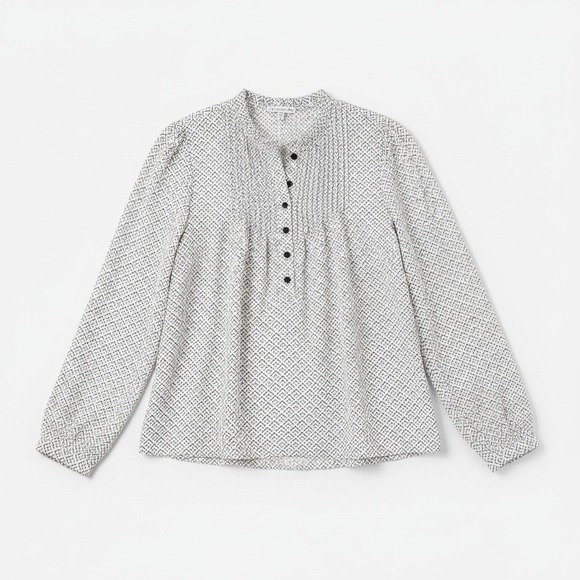 Maison d'Amelie Tops - Maison d'Amelie Paris Womens Large White Black Geometric Pintuck Ruffle Blouse